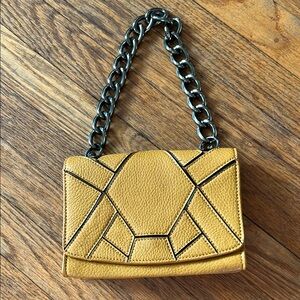 Co Lab yellow leather (vegan?) patchwork clutch with metal chain